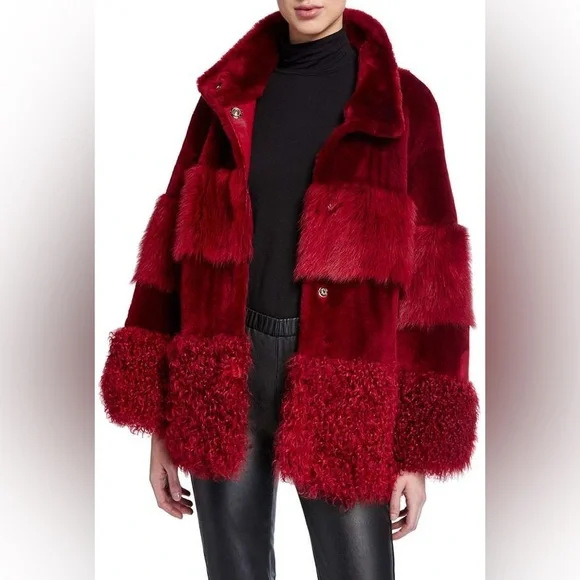 NWT Nour Hammour Aimée Shearling Fur Coat in Crimson/Oxblood red